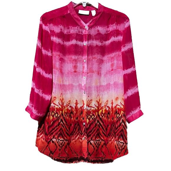 Chico’s Women’s Candy-hued Button Down Semi-sheer Top Size 2 (L) Banded Sleeves - Picture 1 of 6